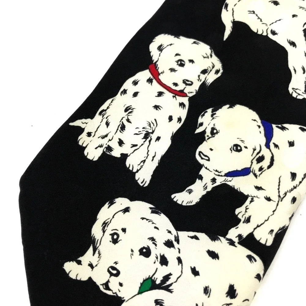 ADDICTION Dalmatian Dogs Tie Puppies Pets Paws Black Silk Handmade Korea Necktie